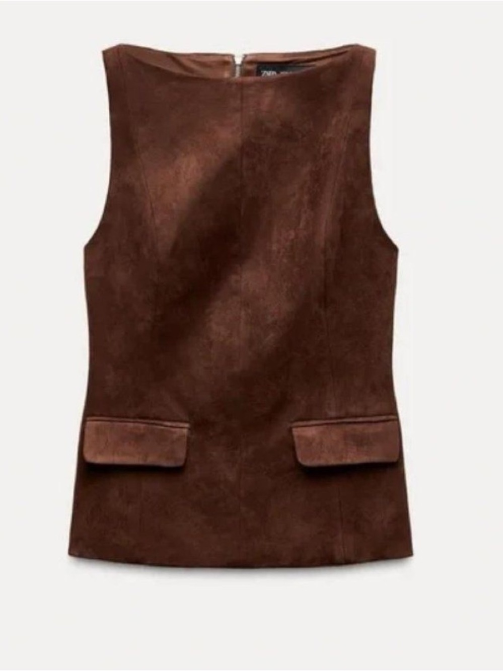 Zara Dark Brown Faux Suede Sleeveless Flap-Pocket Top
